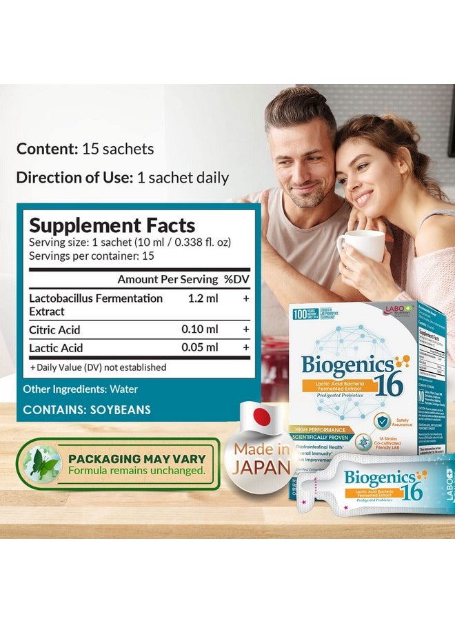 LABO Nutrition Biogenics 16-Lactic Acid Bacteria Fermented Extract, 1000x More Effective, Gut Health Support Beyond Probiotics & Prebiotics, Improve Intestinal Skin and Immune Health, 10mlx15 sachets