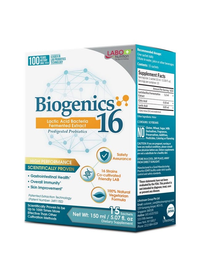 LABO Nutrition Biogenics 16-Lactic Acid Bacteria Fermented Extract, 1000x More Effective, Gut Health Support Beyond Probiotics & Prebiotics, Improve Intestinal Skin and Immune Health, 10mlx15 sachets