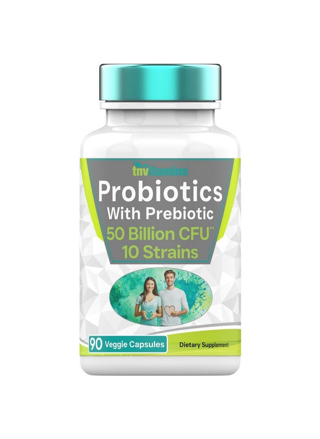 tnvitamins Probiotics with Prebiotic: 50 Billion CFU - 10 Strain - 90 Vegetarian Capsules | with Acidophilus Probiotic for Digestive Health, Gut Health, & Immune Support* | for Men & Women