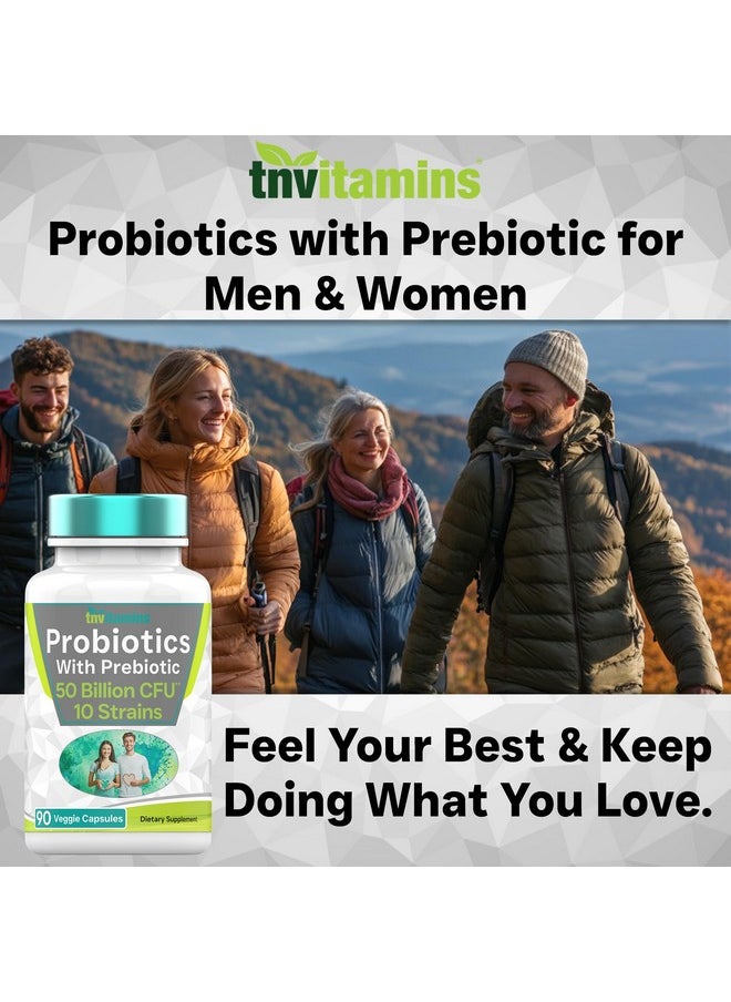 tnvitamins Probiotics with Prebiotic: 50 Billion CFU - 10 Strain - 90 Vegetarian Capsules | with Acidophilus Probiotic for Digestive Health, Gut Health, & Immune Support* | for Men & Women