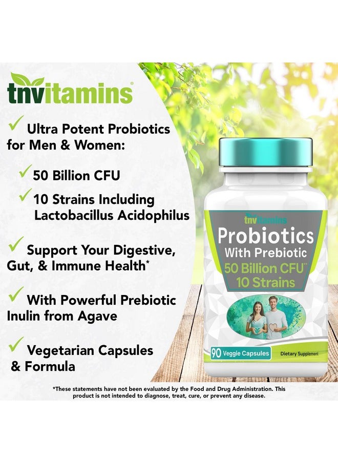 tnvitamins Probiotics with Prebiotic: 50 Billion CFU - 10 Strain - 90 Vegetarian Capsules | with Acidophilus Probiotic for Digestive Health, Gut Health, & Immune Support* | for Men & Women