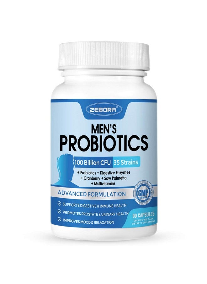 ZEBORA Probiotics for Men 100 Billion CFU - Probiotics for Digestive Health, Men's Probiotics Supplement, Prebiotics & Enzymes, for Prostate Health with Saw Palmetto | 90 Veg Capsules