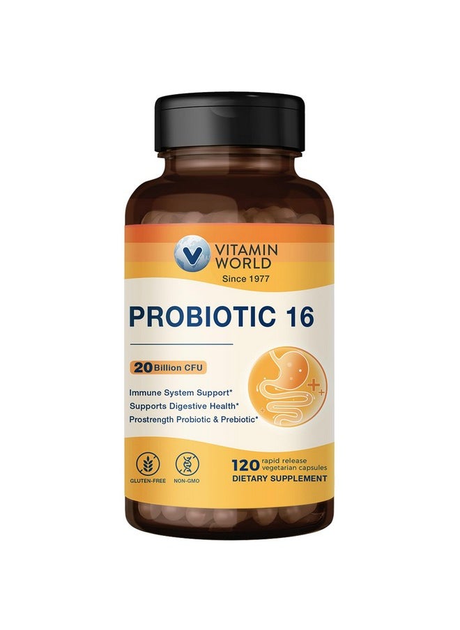 Vitamin World Probiotic 16, 20 Billion CFU, 16 Strains with Prebiotic Fiber for Digestive & Immune Health, Probiotics for Women & Men, Non-GMO, Gluten Free, 120 Veggie Capsules, 60 Day Supply