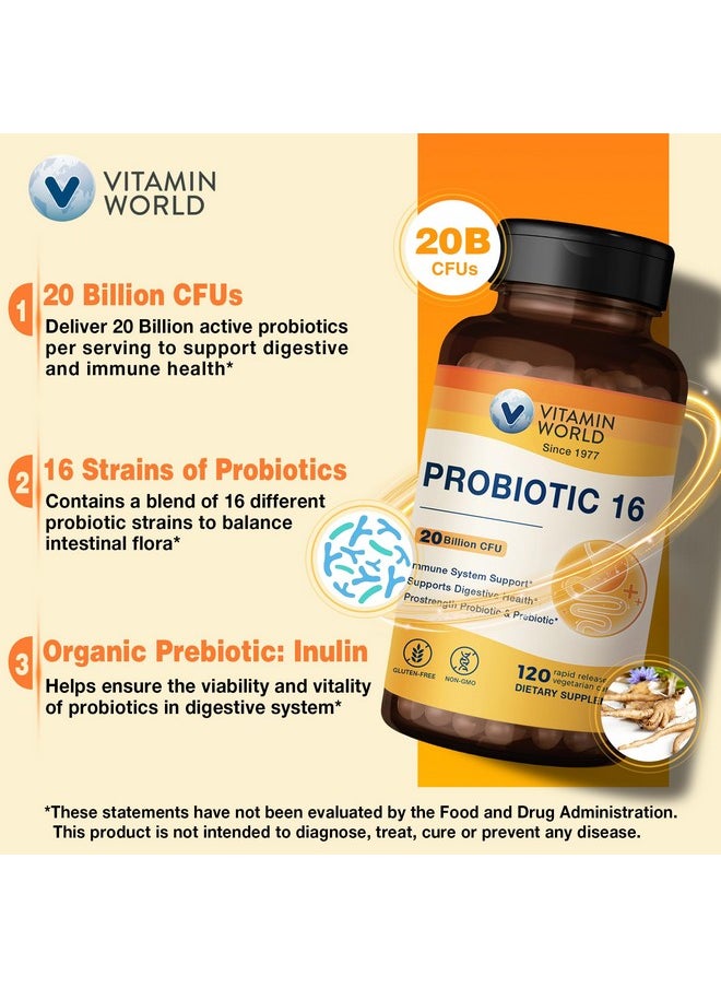 Vitamin World Probiotic 16, 20 Billion CFU, 16 Strains with Prebiotic Fiber for Digestive & Immune Health, Probiotics for Women & Men, Non-GMO, Gluten Free, 120 Veggie Capsules, 60 Day Supply