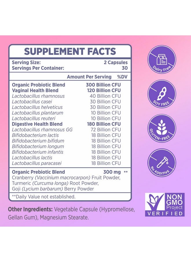 Vaginal Probiotics for Women - 300 Billion CFUs 12 Strains Probiotics with Prebiotic, Organic Cranberry Extract Daily Women's Probiotic for Vaginal, Urinary, Digestive, Gut, Immune Health, 60 Capsules
