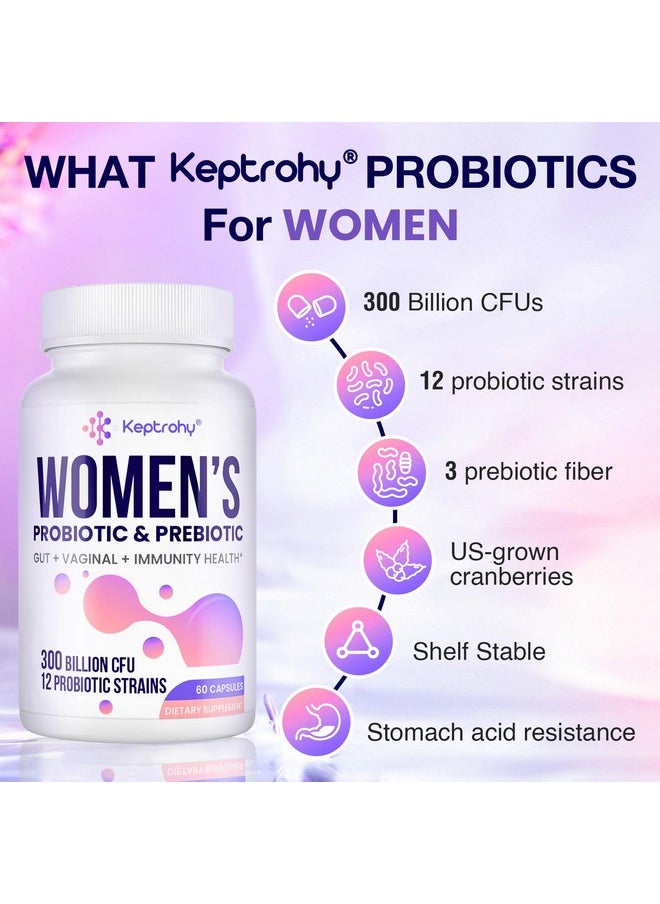 Vaginal Probiotics for Women - 300 Billion CFUs 12 Strains Probiotics with Prebiotic, Organic Cranberry Extract Daily Women's Probiotic for Vaginal, Urinary, Digestive, Gut, Immune Health, 60 Capsules