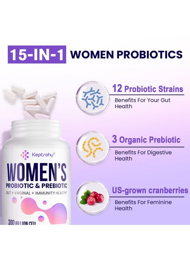Vaginal Probiotics for Women - 300 Billion CFUs 12 Strains Probiotics with Prebiotic, Organic Cranberry Extract Daily Women's Probiotic for Vaginal, Urinary, Digestive, Gut, Immune Health, 60 Capsules