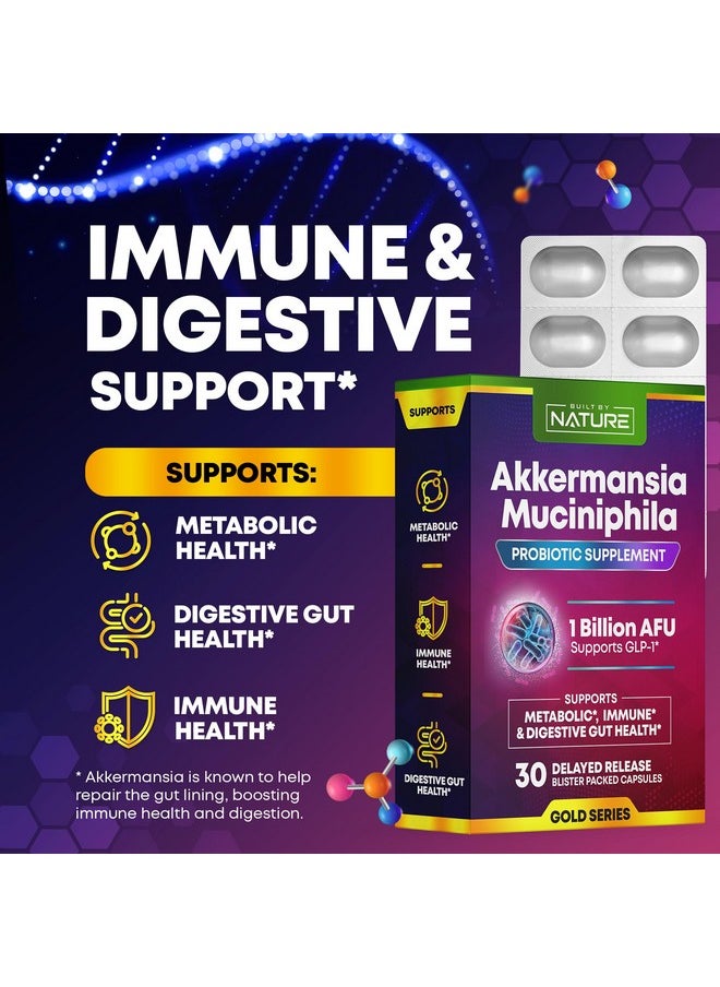 Built by Nature Akkermansia Muciniphila Probiotic Supplement - 1 Billion AFU - Supports GLP-1, Immune & Digestive Gut Health - 30 Delayed Release Blister Packed Capsules