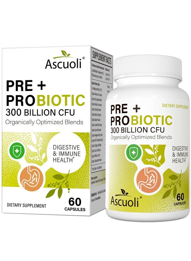 Ascuoli Probiotics for Women & Men - 300 Billion CFU, 22 Strains Probiotics + 15 Organic Herbs Blend, Daily Probiotics for Digestive Health, Immune, Gut, Bloating - 60 Capsule