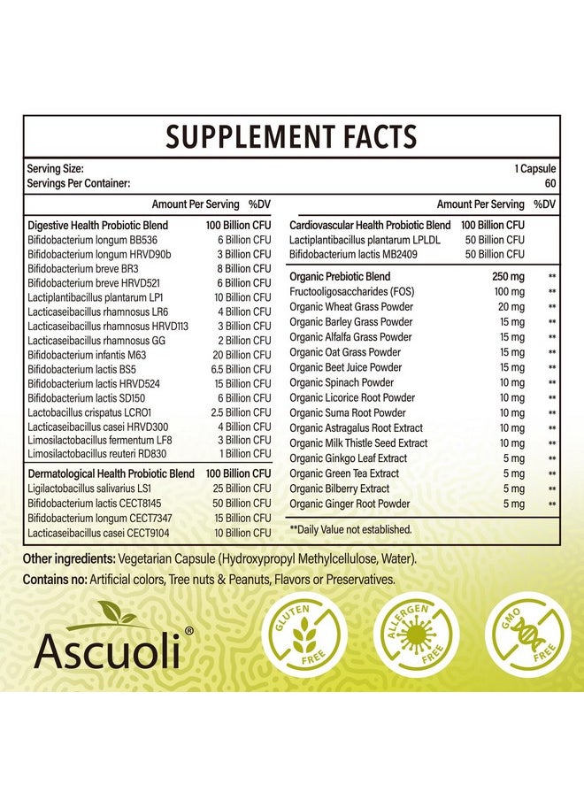 Ascuoli Probiotics for Women & Men - 300 Billion CFU, 22 Strains Probiotics + 15 Organic Herbs Blend, Daily Probiotics for Digestive Health, Immune, Gut, Bloating - 60 Capsule