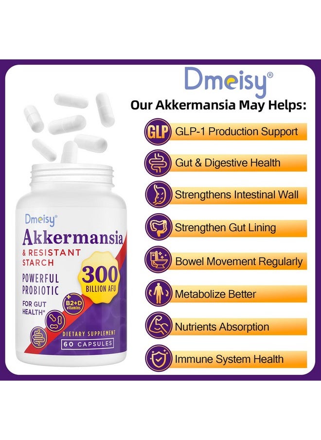 GLP-1 Probiotic - 300 Billion AFU Akkermansia Muciniphila, Akkermansia Probiotic for Women & Men, for Boost GLP-1, Digestive, Gut, Immunity, Enhances Gut Lining Function & Intestinal Walls, 60 Capsule