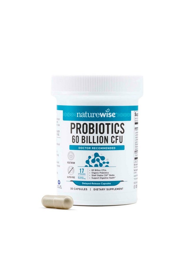 NatureWise Probiotics 60 Billion CFU - 17 Strains + Organic Prebiotics - Immune, Digestive & Gut Health Probiotic for Women & Men - Vegetarian, Gluten-Free, Non-GMO - 30 Capsules[1-Month Supply]