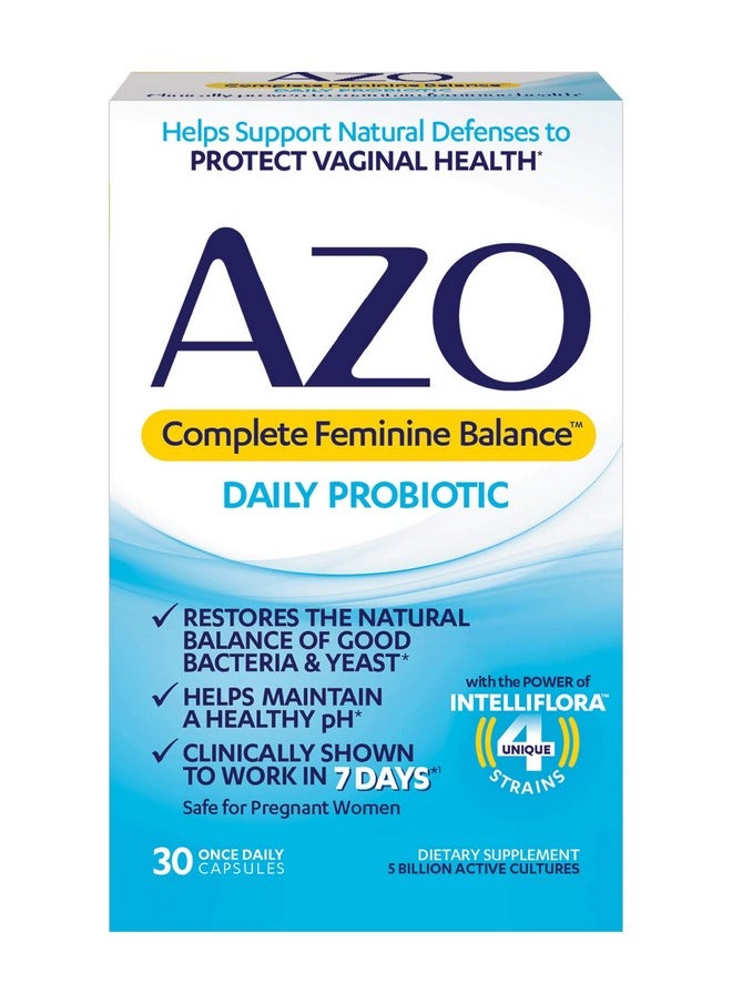 AZO Complete Feminine Balance Daily Probiotics for Women, Clinically Proven to Help Protect Vaginal Health, balance pH and yeast, Non-GMO, 30 Count