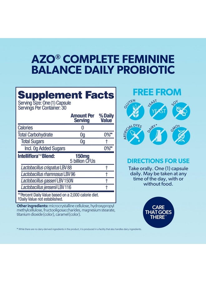 AZO Complete Feminine Balance Daily Probiotics for Women, Clinically Proven to Help Protect Vaginal Health, balance pH and yeast, Non-GMO, 30 Count