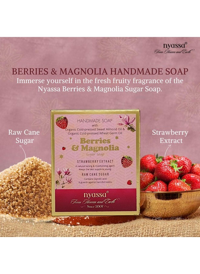 Berries & Magnolia Natural Handmade Bathing Soap | Strawberry Extract And Raw Cane Sugar | All Skin Type 150Gm