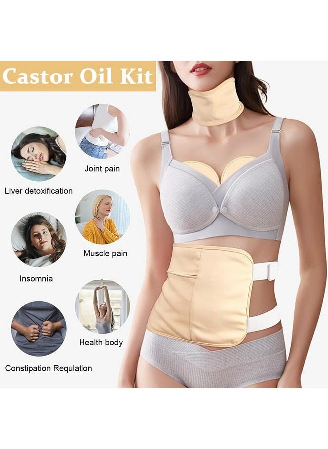 ® 4 Pack Castor Oil Pack Wrap, Reusable Organic Castor Oil Pack Kit Chests Waist And Neck Wrap For Liver Detox, Waist And Neck With Adjustable Elastic Strap Anti Oil Leak, Khaki