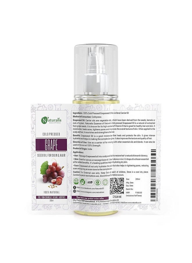 Essence Of Nature Cold Pressed Grapeseed Carrier Oil For Hair Growth, Skin Tightening, Face Massage And Acne, 200 Ml