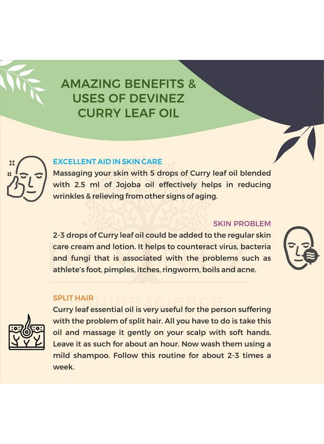 Curry Leaf Essential Oil, Kadi Patta, 100% Pure, Natural & Undiluted, 50Ml In Glass Bottle For Acne, Irritated Skin, Aromatherapy, Massage, Dandruff Care, Natural Remedies