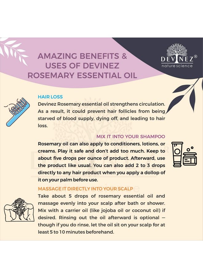 Rosemary Essential Oil, 10Ml In Glass Bottle, 100% Pure, Natural, Undiluted & Therapeutic Grade, Natural Relaxant, Skin Care, Aromatherapy, Hair Conditioner