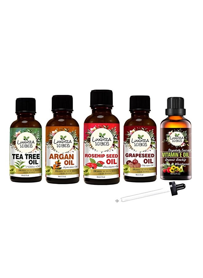 Organic Essential Oil Combo Pack Of 5 Oils ;Daily Skin Health Essential Oil Set 5 * 15Ml (Rosehip Seed Oil, Argan Oil, Tea Tree Oil, Grape Seed Oil, Vitamin E).