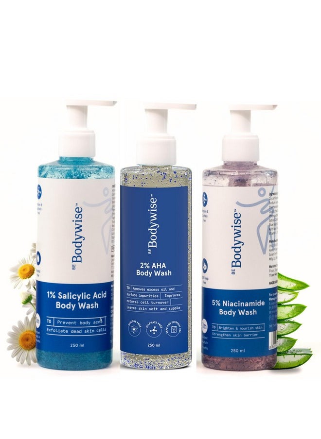 Body Wash Kit For Women | Includes 1% Salicylic Acid Body Wash, 5% Niacinamide Body Wash & 2% Aha Body Wash | 750Ml