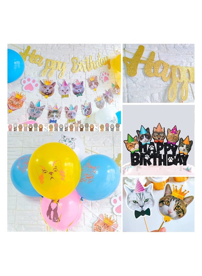 42pcs Cat Birthday Party Decoration Set Cat Face Banner Latex Balloons Kitten Happy Birthday Cake Cupcake Toppers for Meow Kitty Theme Birthday Party Supplies