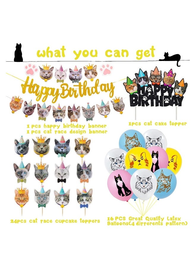 42pcs Cat Birthday Party Decoration Set Cat Face Banner Latex Balloons Kitten Happy Birthday Cake Cupcake Toppers for Meow Kitty Theme Birthday Party Supplies