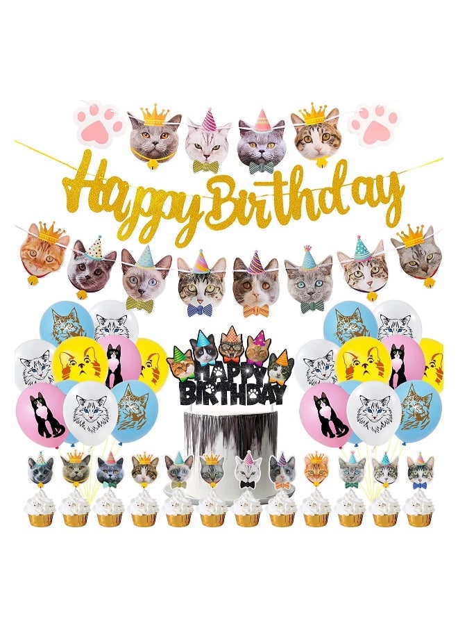 42pcs Cat Birthday Party Decoration Set Cat Face Banner Latex Balloons Kitten Happy Birthday Cake Cupcake Toppers for Meow Kitty Theme Birthday Party Supplies