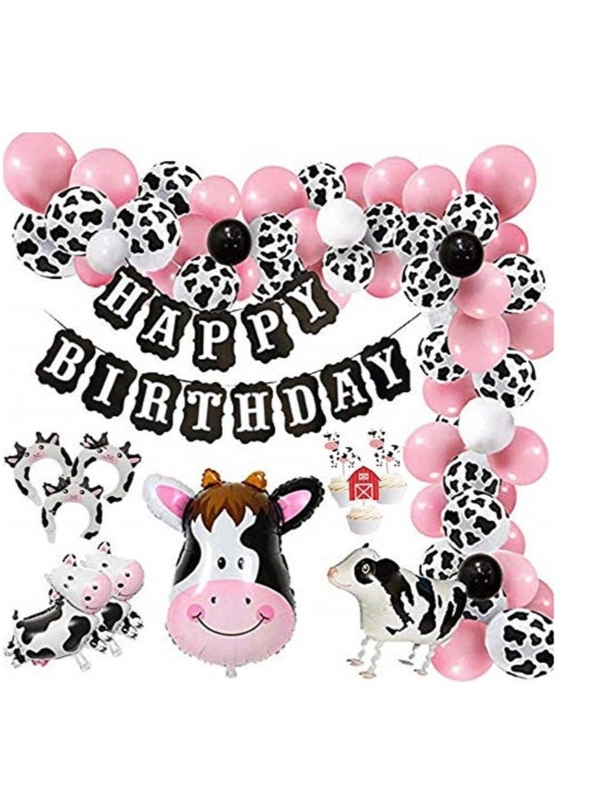 Party Decorations Balloon Kit 85pcs Arch Garland with Happy Birthday Banner Cow Print Balloons Baby Pink Balloons Walking Cow Mylar Balloon for Farm Birthday Party