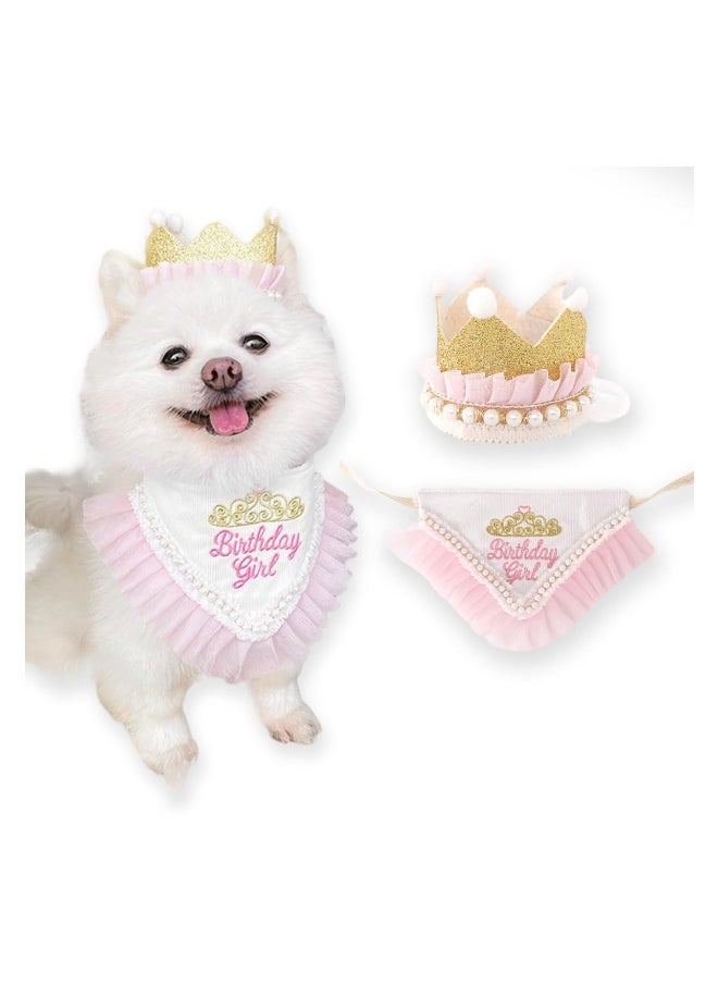 Girl Dog Birthday Hat Bandana Kit Princess Dog Birthday Decorations Girls with Crown for Cats Dogs Dog Birthday Party Supplies Dog Birthday Girl Pink Outfit with Pearl