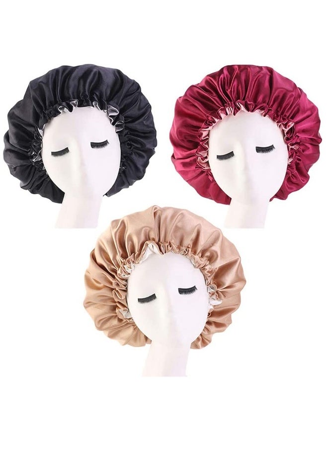 3 PCS Satin Night Sleep Cap Elastic Women Hair Bonnet Shower Caps For Curly or Afro Hair Double Layered Reversible Sleep Cap Adjustable Breathable Shower Hat A