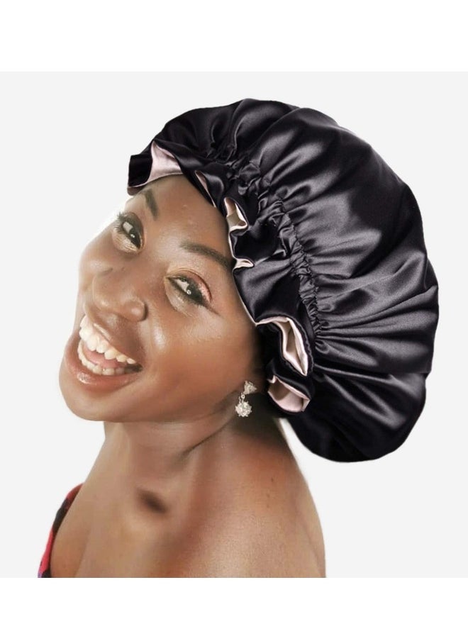 3 PCS Satin Night Sleep Cap Elastic Women Hair Bonnet Shower Caps For Curly or Afro Hair Double Layered Reversible Sleep Cap Adjustable Breathable Shower Hat A