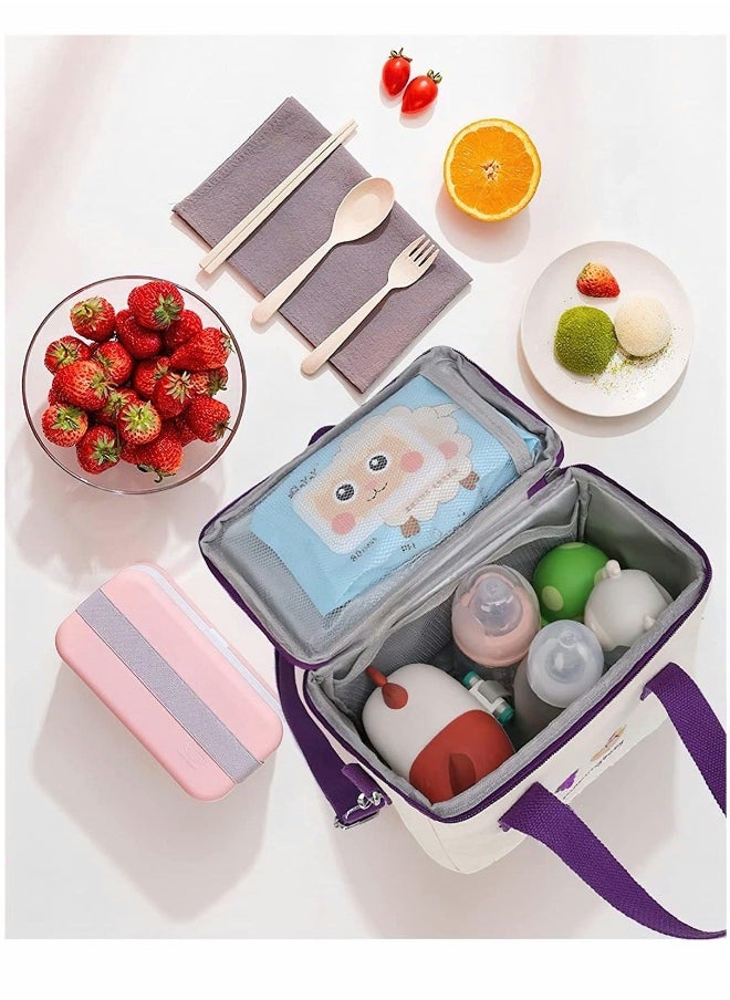 Reusable Lunch Bags Large Cooler Tote Bag Aesthetic Kawaii Cute Lunch Bag Box with Straps Insulated Waterproof Durable for Women Girls Kids Office School Purple