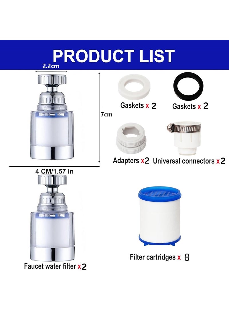 Sink Filter Water Faucet, 2 Pcs Universal 360 Degree Rotating Sink Filter with 8 Filter Element, Kitchen Faucet Water Filter for Home Kitchen Bathroom