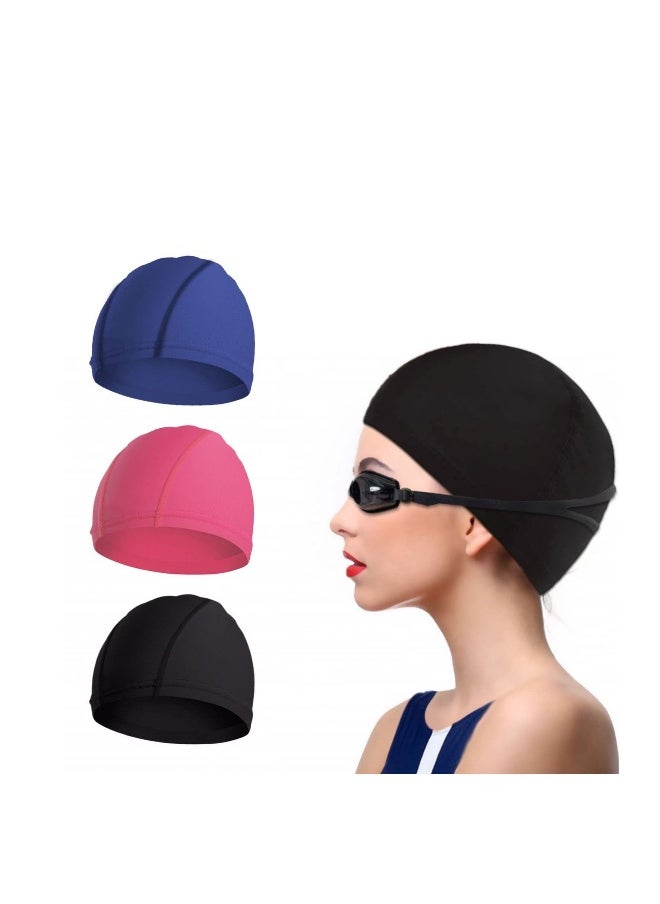 3 Pieces Swimming Caps Comfortable Fabric Swimming Hat Premium Quality Stretchable Unisex Polyester Cloth Swimming Cap Lightweight Bathing Caps for Water Sports 3 Colors