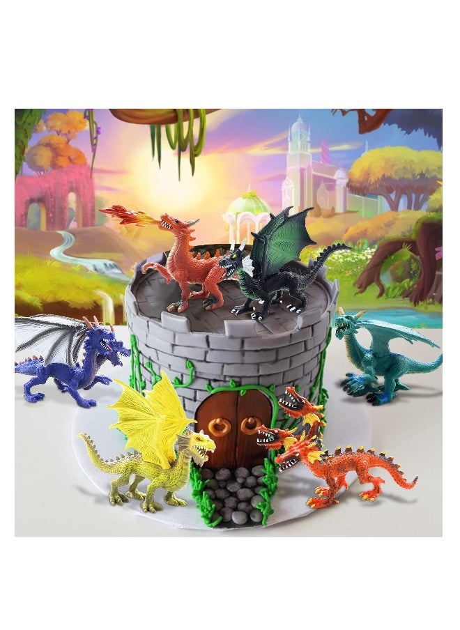 Dragon Toy Figures, 6 pcs Plastic Dragon Figurines, Mini Dragon Toys, Flying Dragon Statue Cake Topper in Assorted Colors and Styles, Kids Toys Birthday Party Decoration