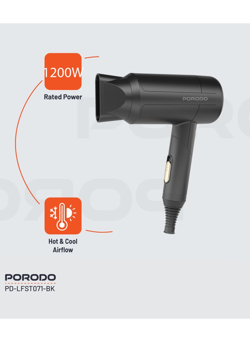 1200W Foldable Hair Dryer / Negative Ion / No Freeze Hair Dryer / Overheat Protection / Hot & Cool Airflow / Travel Friendly - Black