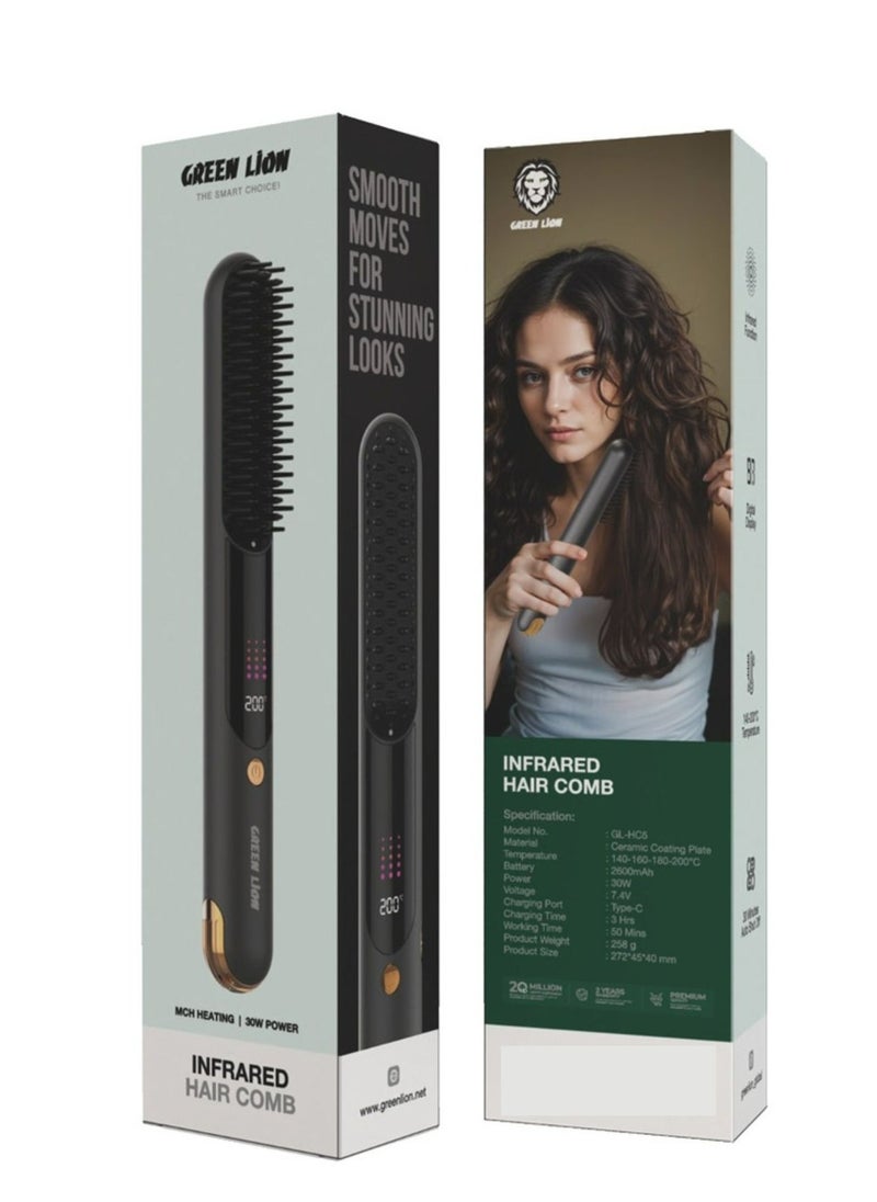 Infrared Hair Comb with Digital Display, 50 Minutes Working Time, Adjustable Temperature Settings Up to 200°C, 2600mAh Battery, Infrared Function - Black