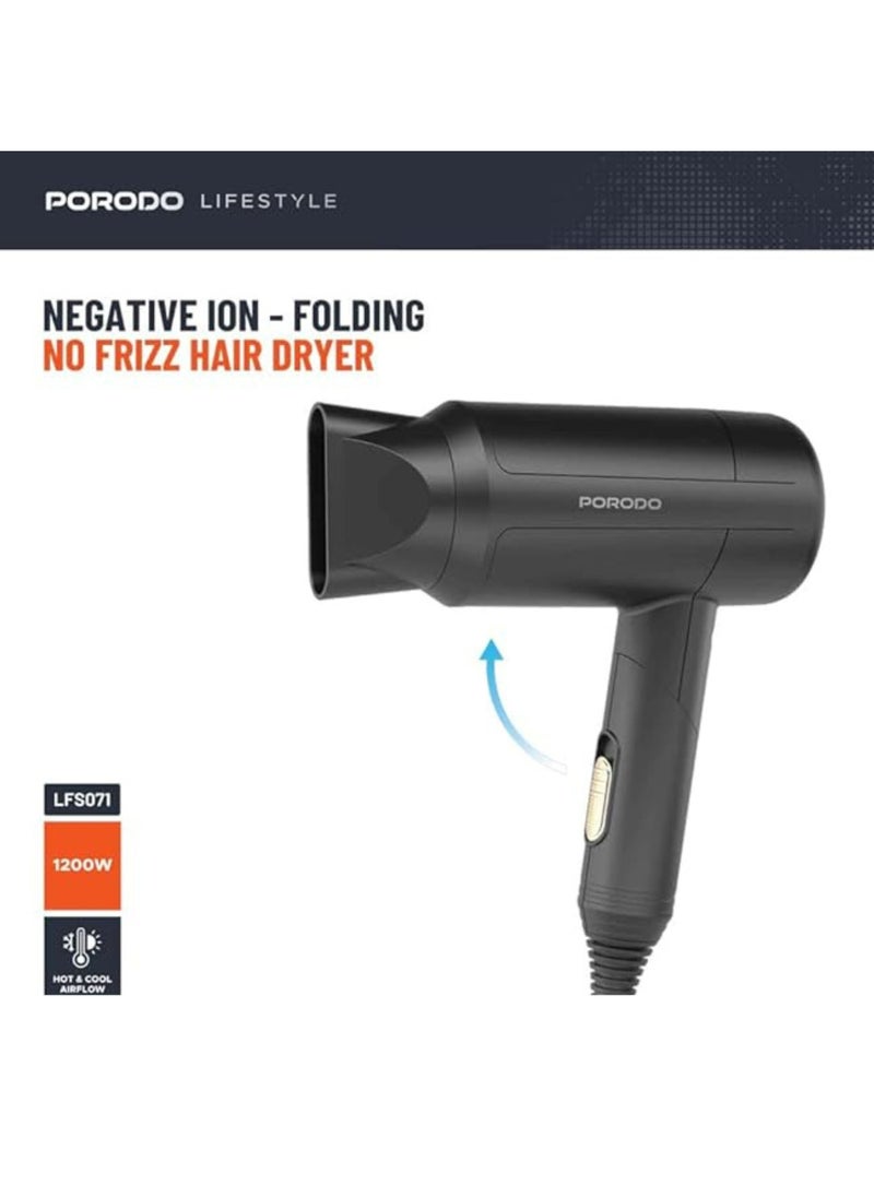 1200W Foldable Hair Dryer / Negative Ion / No Freeze Hair Dryer / Overheat Protection / Hot & Cool Airflow / Travel Friendly - Black