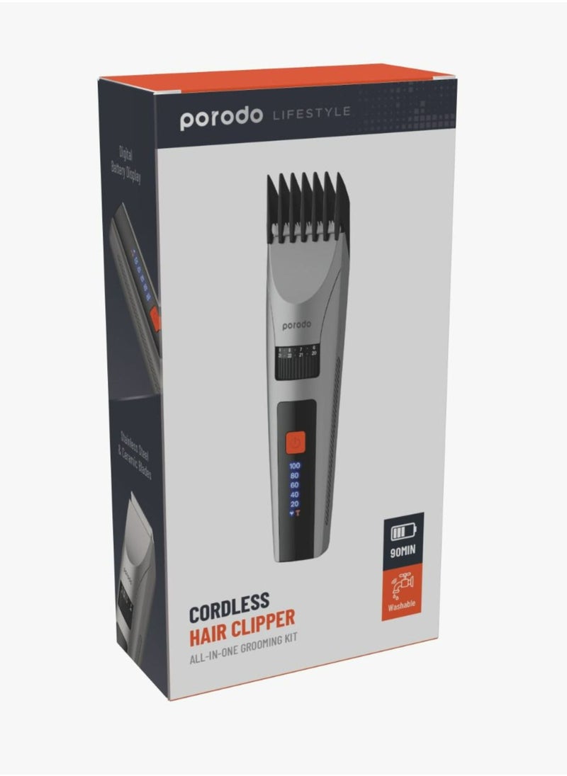 Lifestyle Cordless Hair Clipper with All-in-One Grooming Kit, 1200mAh Battery Capacity, Stainless Steel & Ceramic Blades Material, 90 Minutes Working Time, 120 Minutes Charging Time, Digital Display - Gray