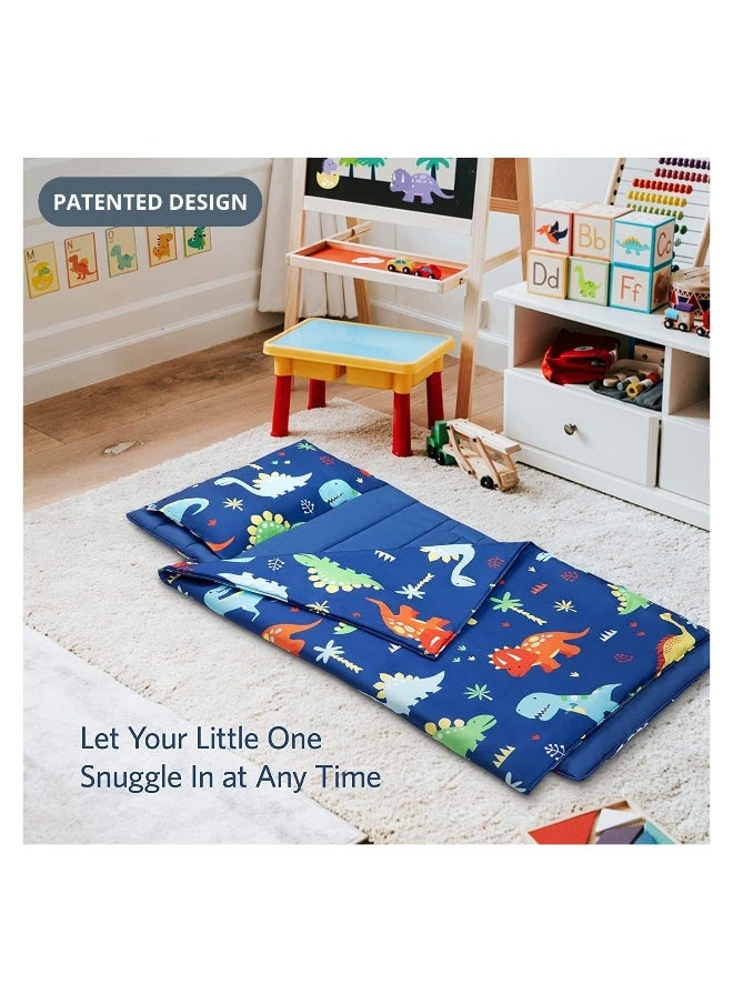 Kids Dinosaur Nap Mat, Sleeping Bag with Carrying Bag and Removable Pillow, Lightweight and Soft,  Ideal for Daycare and Preschool, Travel, 51 x 20 x 1.5 In (Blue)