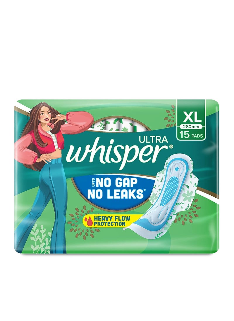 WHISPER ULTRA HYGIENE+COMFORT SANITARY PADS, 15 XL PADS, FOR HEAVY FLOW, LONG LASTING PROTECTION, LOCKS ODOUR & WETNESS, DRY TOP SHEET, DISPOSABLE WRAPPER