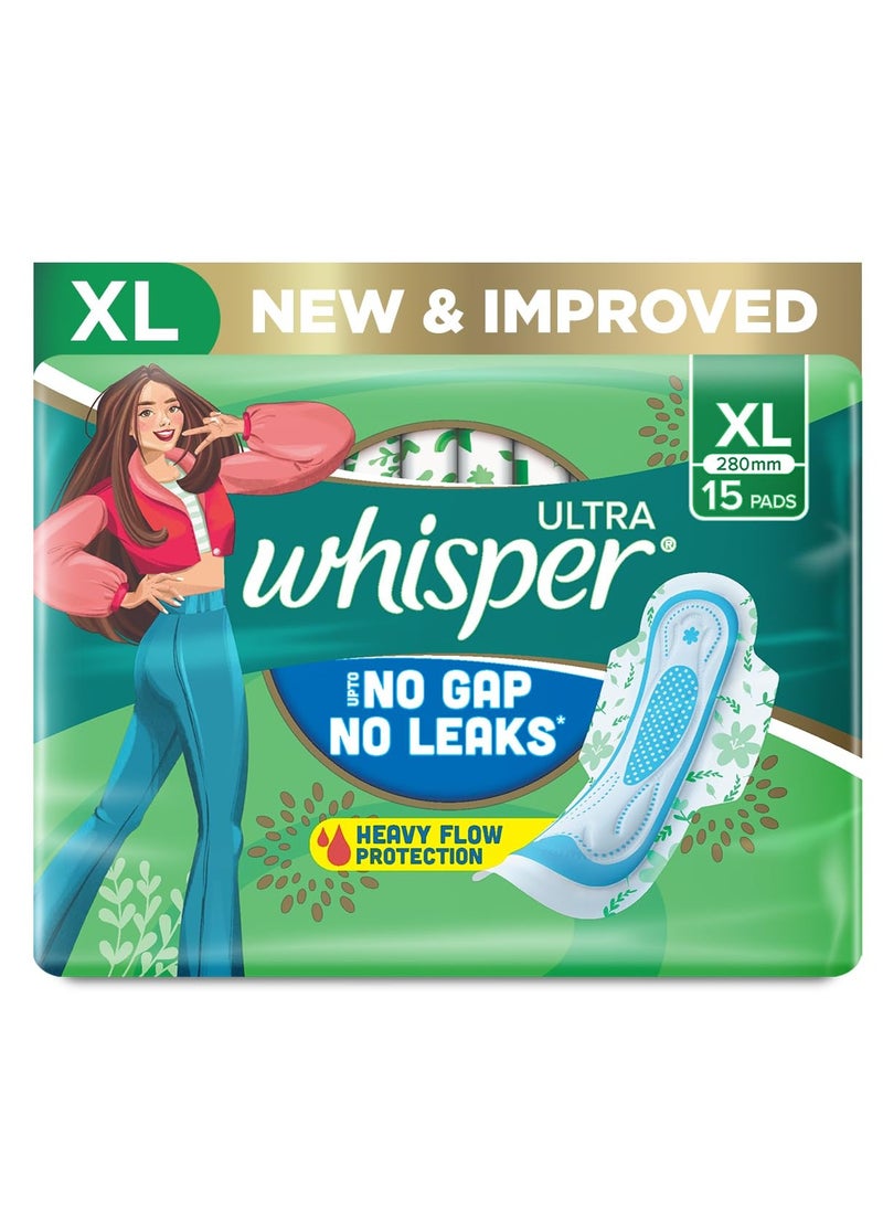 WHISPER ULTRA HYGIENE+COMFORT SANITARY PADS, 15 XL PADS, FOR HEAVY FLOW, LONG LASTING PROTECTION, LOCKS ODOUR & WETNESS, DRY TOP SHEET, DISPOSABLE WRAPPER