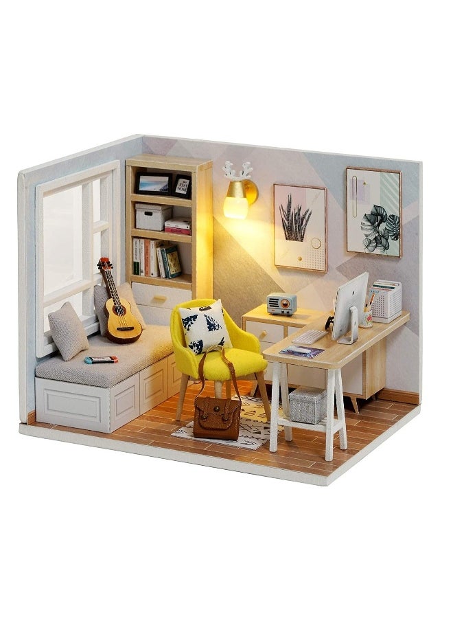 DIY Miniature Dollhouse Kit,  1:32 Scale Creative Room Mini Wooden Doll House with Furniture Plus Dust Proof for Kids Teens Adults Assemble the Model (Sunshine Study Room)