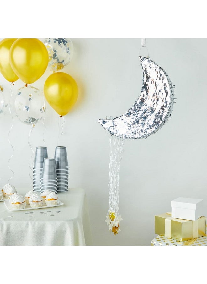 Pull String Moon Pinata For Twinkle Twinkle Little Star Birthday, Baby Shower Party Decorations (Silver Foil, 17X11X3 In)