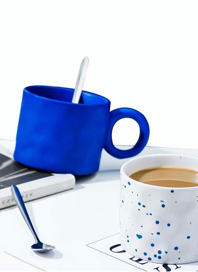 2PCS Creative Coffee Cup Novelty Mug for Coffee Juice Water Milk Home Office Ceramic Cup with Unique Handle Blue and White 450ML