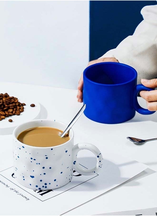 2PCS Creative Coffee Cup Novelty Mug for Coffee Juice Water Milk Home Office Ceramic Cup with Unique Handle Blue and White 450ML