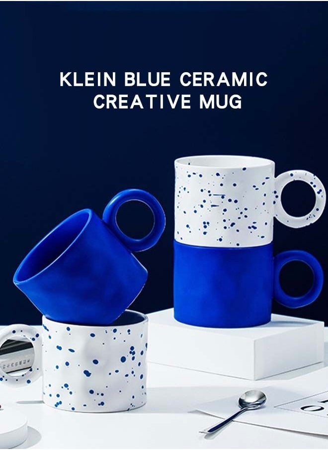 2PCS Creative Coffee Cup Novelty Mug for Coffee Juice Water Milk Home Office Ceramic Cup with Unique Handle Blue and White 450ML