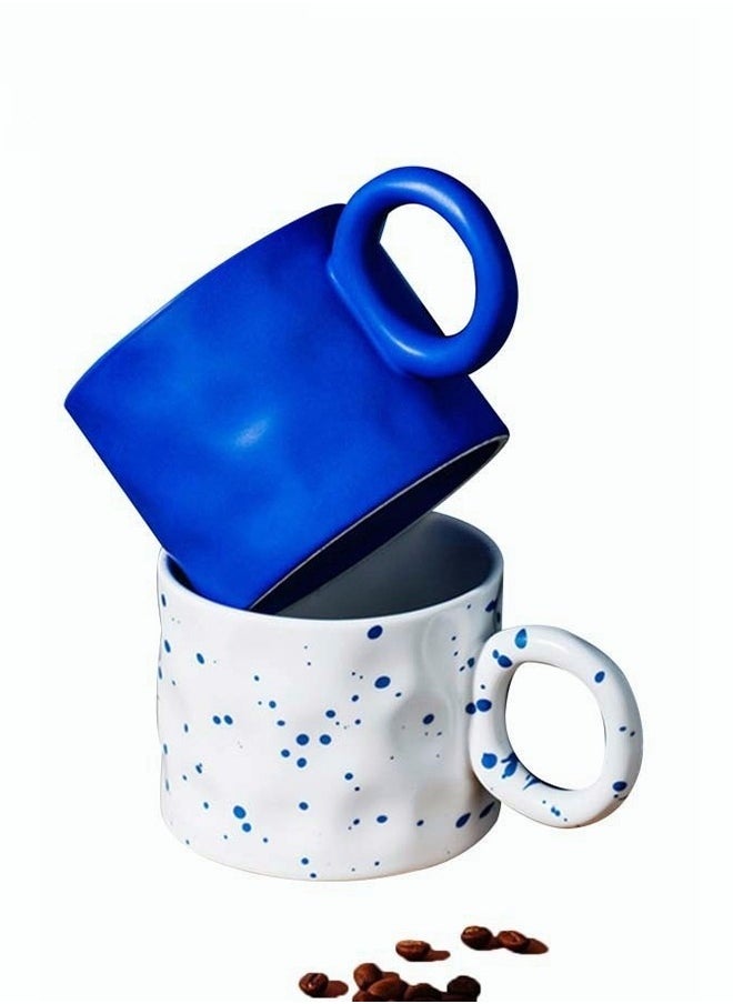 2PCS Creative Coffee Cup Novelty Mug for Coffee Juice Water Milk Home Office Ceramic Cup with Unique Handle Blue and White 450ML