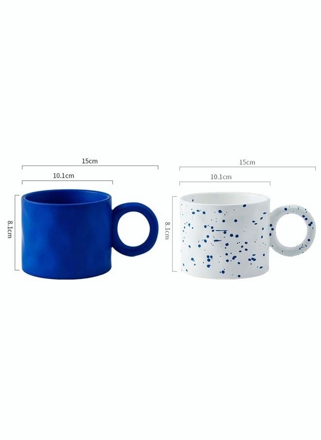 2PCS Creative Coffee Cup Novelty Mug for Coffee Juice Water Milk Home Office Ceramic Cup with Unique Handle Blue and White 450ML